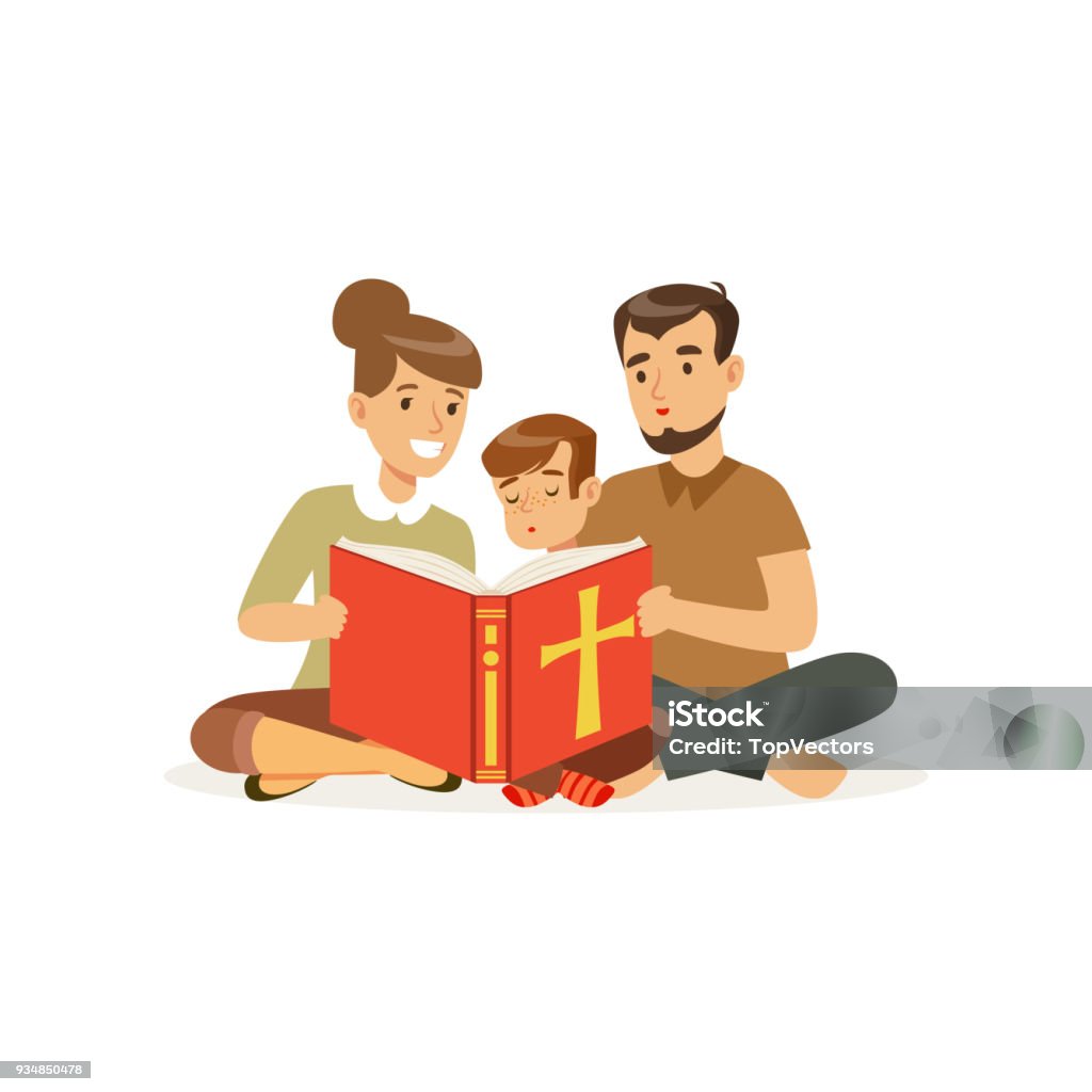 Mother Father And Son Sitting On Floor And Reading Holy Book Religious  Family Parents And Child Cartoon Characters Of Christian People Flat Vector  Design Stock Illustration - Download Image Now - iStock
