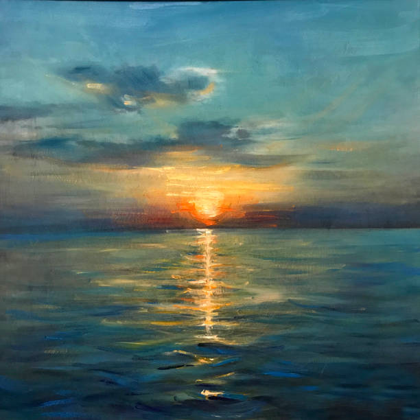 art painting illustration Drawing of bright sunset sunrise over the sea. Picture contains interesting idea, evokes emotions, aesthetic pleasure. Canvas stretched on a stretcher, oil natural paints. Concept art painting texture seascape stock illustrations