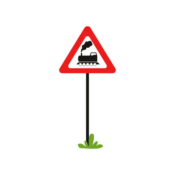 Vector illustration of Triangular road sign with train without barrier . Railroad crossing ahead. Flat vecrtor element for mobile game or book of traffic rules