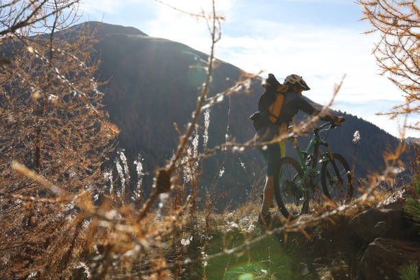 young man pushes bike uphill in backlit grasses. - 18639 imagens e fotografias de stock