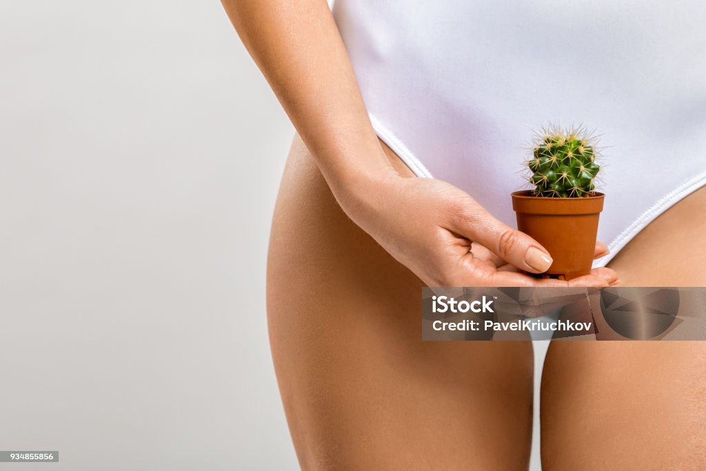 Depilazione nella zona bikini. Una donna che tiene un cactus in mano - Foto stock royalty-free di Depilazione