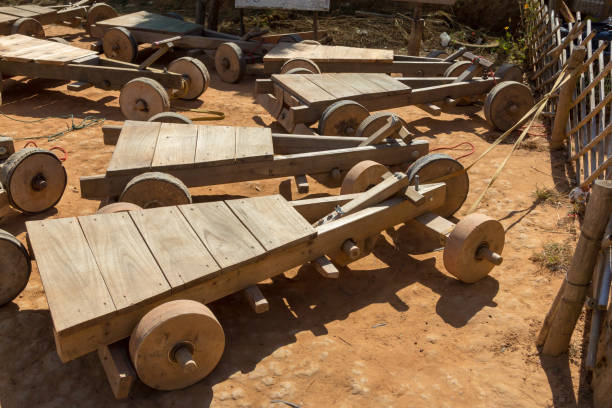 The wooden wheel car, Toy of hill tribe in  the northern Thailand stock photo