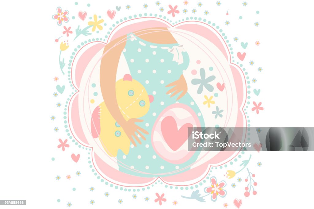 Pregnant woman expecting child birth. Belly with baby inside. Pregnancy theme. Hand drawn vector design for greeting card. Beautiful illustration in gentle colors Pregnant woman expecting child birth. Belly with baby inside. Pregnancy theme. Graphic design for greeting card. Beautiful illustration in gentle colors. Hand drawn vector isolated on white background Adult stock vector