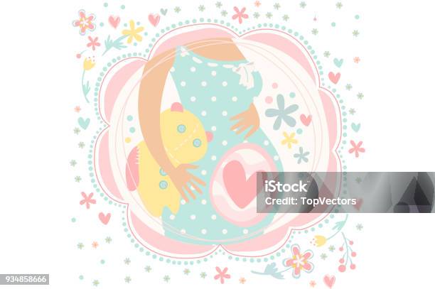 Pregnant Woman Expecting Child Birth Belly With Baby Inside Pregnancy Theme Hand Drawn Vector Design For Greeting Card Beautiful Illustration In Gentle Colors Stock Illustration - Download Image Now