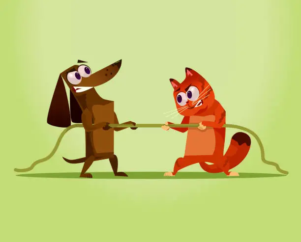 Vector illustration of Angry enemy domestic Cat vs Dog. Competition war opposition concept