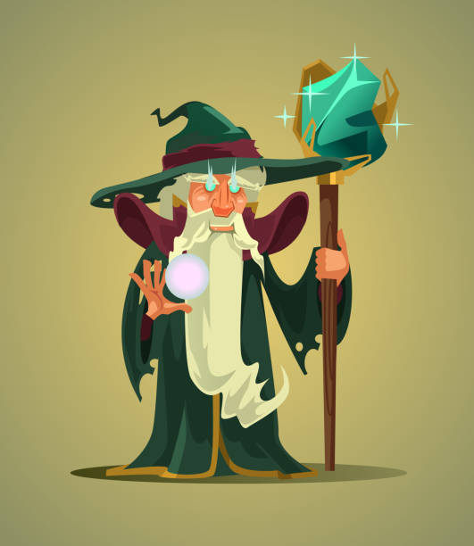 Fairy tail old wizard magician man character holding magic stick Fairy tail old wizard magician man character holding magic stick. Vector flat cartoon character illustration merlin the wizard stock illustrations