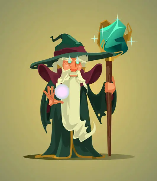 Vector illustration of Fairy tail old wizard magician man character holding magic stick