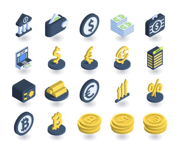 Simple Set of Banking Icons in flat isometric 3D style. Contains such icons as Wallet, ATM, Safe, Currency signs and more. Simple Set of Banking Icons in flat isometric 3D style. Contains such icons as Wallet, ATM, Safe, Currency signs and more. blockchain clipart stock illustrations