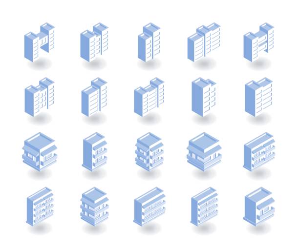 prosty zestaw ikon budynków w płaskim izometrycznym stylu 3d. - skyscraper construction built structure single object stock illustrations