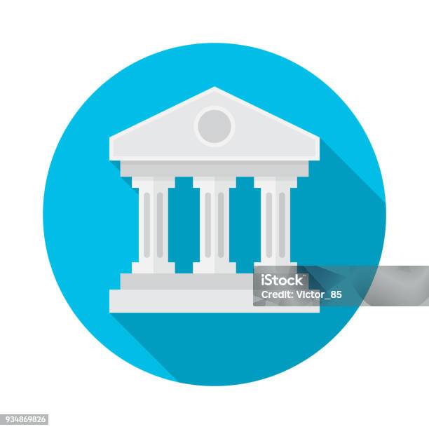 Bank Building Circle Icon With Long Shadow Flat Design Style Stock Illustration - Download Image Now
