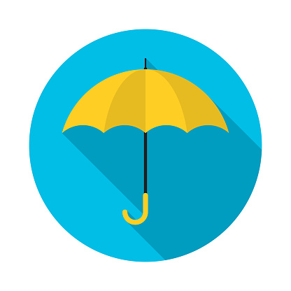 Yellow umbrella circle icon with long shadow. Flat design style. Umbrella simple silhouette. Modern, minimalist, round icon in stylish colors. Web site page and mobile app design vector element.