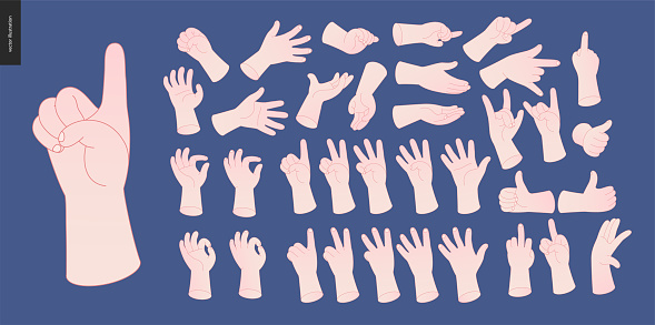 The vector illustrated set of outlined hand drawn hands with various gestures