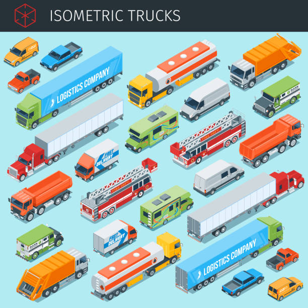 ilustraciones, imágenes clip art, dibujos animados e iconos de stock de carga trukcs set 2 - isometric truck traffic semi truck