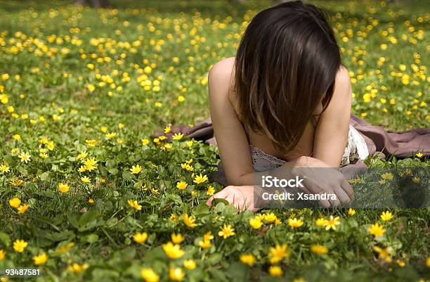 Junge Frau Auf Gras Stockfoto und mehr Bilder von Attraktive Frau - Attraktive Frau, Blume, Braunes Haar