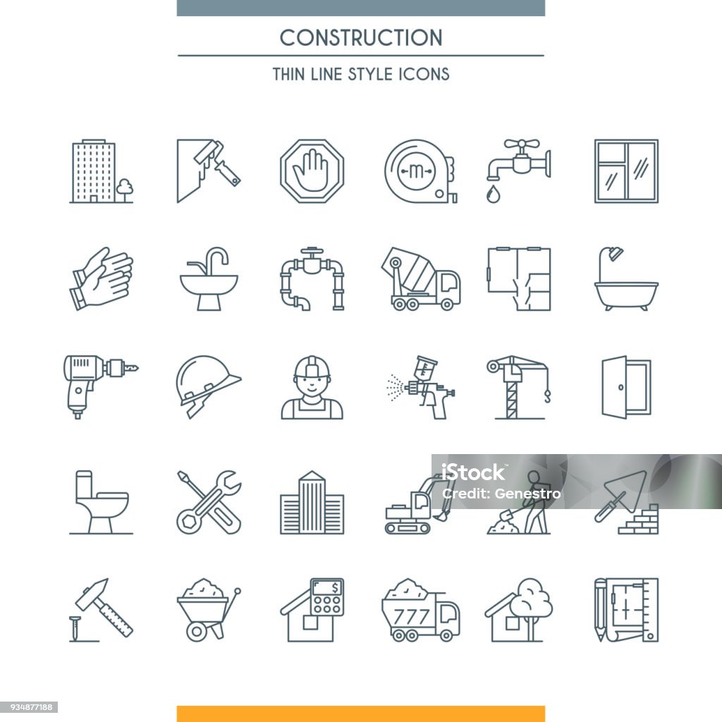 thin line design construction icons Thin line design icons on construction theme. Building, home repair tools and construction works symbols. Vector illustration Icon Symbol stock vector