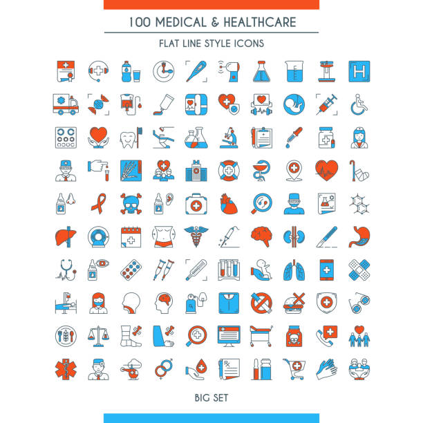 Medical and healthcare icons set Medical and healthcare icons set. Modern icons on theme health insurance, medical service, healthcare, cardiology, pharmacy, medical equipment and first aid. Flat line design icons collection. Vector illustration patient symbols stock illustrations