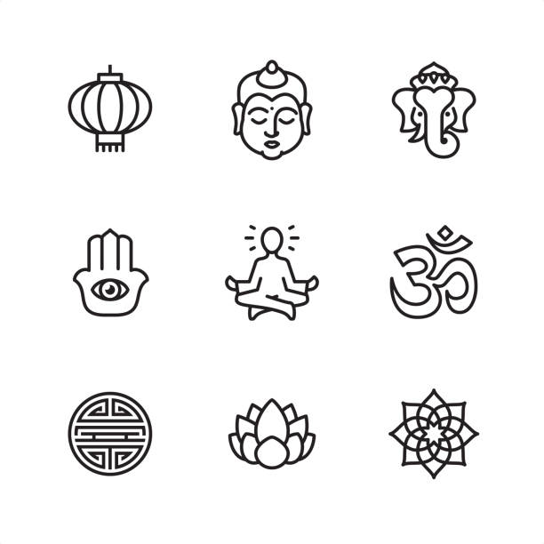Asia - Pixel Perfect icons Asia theme related outline vector icon set.

9 Outline style black and white icons / Set #02
Pixel Perfect Principle - all the icons are designed in 64x64 px grid, outline stroke 2 px.

CONTENT BY ROWS

First row of outline icons contains: 
Chinese Lantern, Buddha, Ganesha.

Second row contains: 
Hamsa symbol, Lotus Position (Guru Meditation), Om symbol.

Third row contains: 
Shou character, Lotus flower, Mandala.

Complete Outline 3x3 PRO collection - https://www.istockphoto.com/collaboration/boards/hyo8kGplAEWxASfzDWET0Q tattoo icons stock illustrations