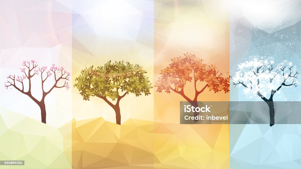 Banner di quattro stagioni con alberi astratti - Illustrazione vettoriale - arte vettoriale royalty-free di Le quattro stagioni