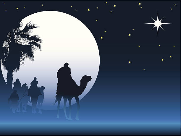 Christmas graphic of the 3 Wise Men following the North Star Nativity scene with wise men on camels going through the desert bethlehem star stock illustrations