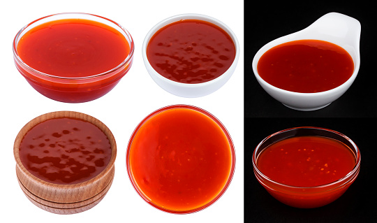 Hot chilli sauce in bowl isolated on white background with clipping path. Collection
