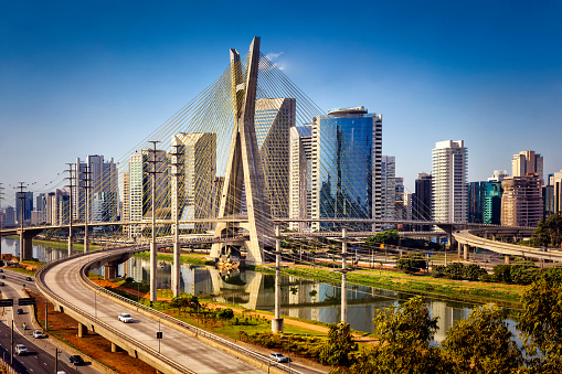 Aerial view of the famous cable-stayed bridge of Sao Paulo city.