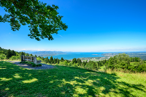 View from the idyllic mountain-village Eichenberg in Vorarlberg in the Austrian alps. There is a bench in the foreground and the lake of constance with the German and the Swiss coast in the background.