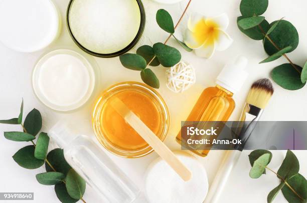 Natural Cosmetics Ingredients For Skincare Body And Hair Care Golden Honey In Jar And Green Herbal Eucalyptus Leaves Stock Photo - Download Image Now
