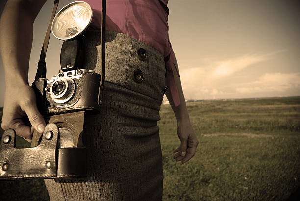 Close up of woman hand holding retro camera