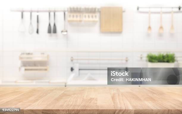 Wood Table Top On Blur Kitchen Room Background Stock Photo - Download Image Now - Kitchen, Table, Kitchen Counter