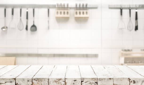 istock Wood table top on blur kitchen room background 934922832