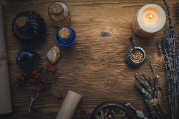 istock Magic potion. Herbal medicine. Druid shaman or witch doctor desk table background with copy space. 934927316