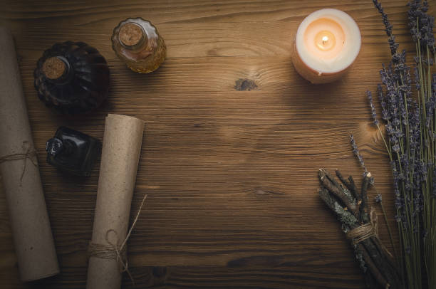 istock Magic potion. Herbal medicine. Druid shaman or witch doctor desk table background with copy space. 934927338