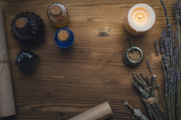 istock Magic potion. Herbal medicine. Druid shaman or witch doctor desk table background with copy space. 934927344