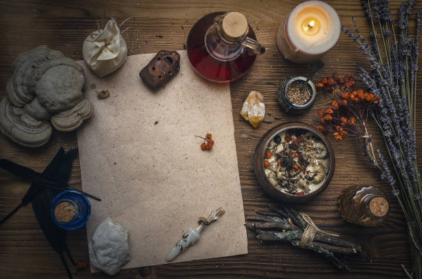 istock Magic potion ancient recipe scroll with copy space. Alternative herbal medicine. Shaman table with copy space. Druidism concept. Herbal medicine. 934933538