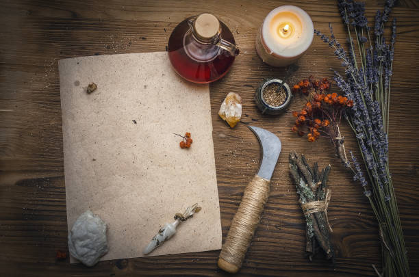 istock Magic potion ancient recipe scroll with copy space. Alternative herbal medicine. Shaman table with copy space. Druidism concept. Herbal medicine. 934933924