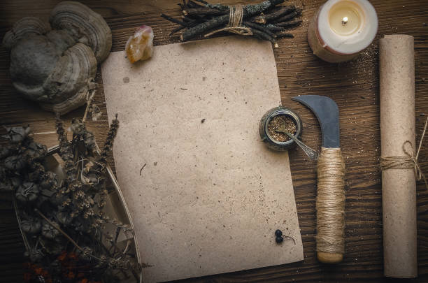 istock Magic potion ancient recipe scroll with copy space. Alternative herbal medicine. Shaman table with copy space. Druidism concept. Herbal medicine. 934936574
