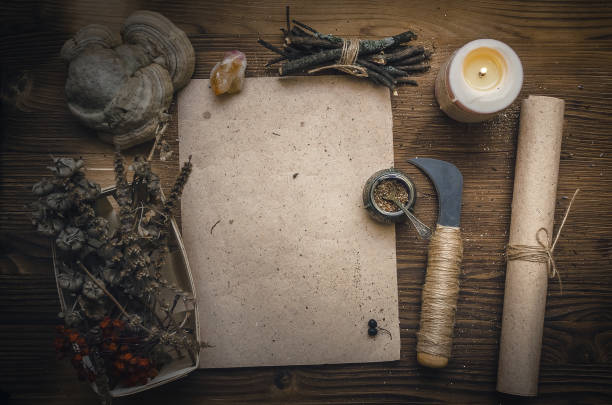 istock Magic potion ancient recipe scroll with copy space. Alternative herbal medicine. Shaman table with copy space. Druidism concept. Herbal medicine. 934936592
