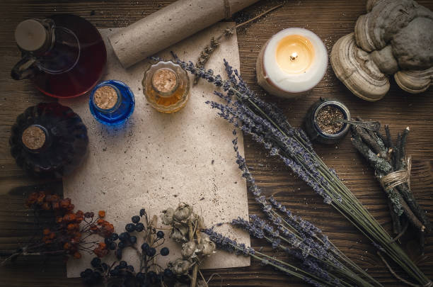 istock Magic potion ancient recipe scroll with copy space. Alternative herbal medicine. Shaman table with copy space. Druidism concept. Herbal medicine. 934938432