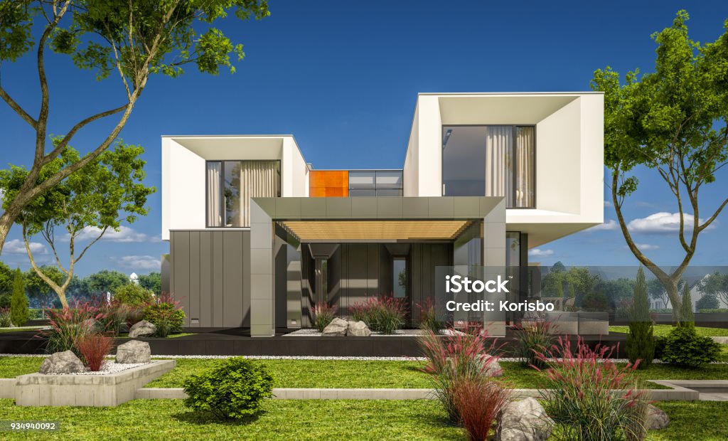 3d rendering of modern cozy house in the garden 3d rendering of modern cozy house in the garden with garage for sale or rent with beautiful pool in the yard. Clear sunny summer day with blue sky. House Stock Photo