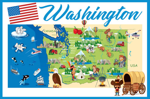 워싱턴의 만화 지도 - bellingham stock illustrations