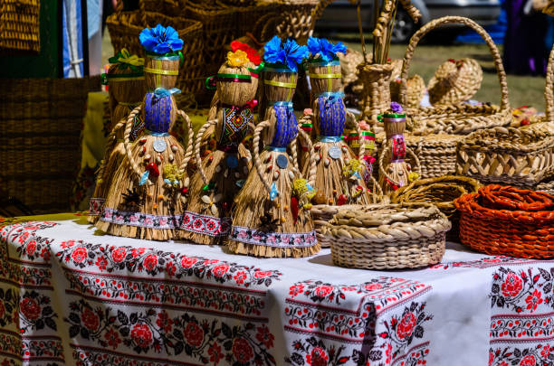 Different wicker products for sale on a peasant fair