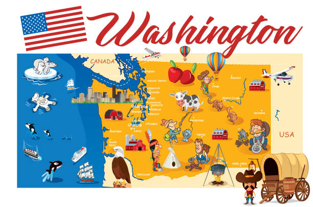 워싱턴의 만화 지도 - bellingham stock illustrations