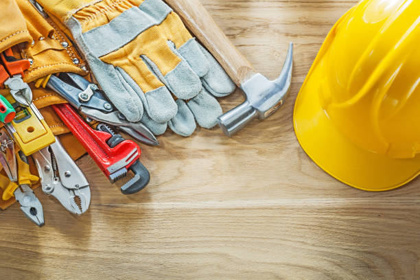 istock Construction tooling tool belt safety gloves building helmet 934983054
