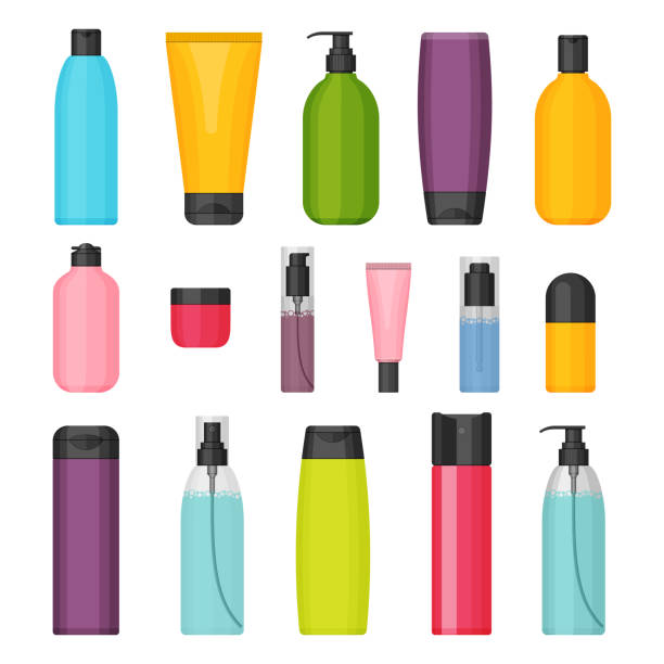 ilustrações de stock, clip art, desenhos animados e ícones de set of vector flat colorful cosmetic bottles - soap body
