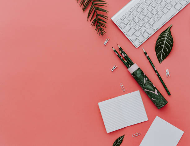 istock Flat Lay with office stationery on pink background. 935001938