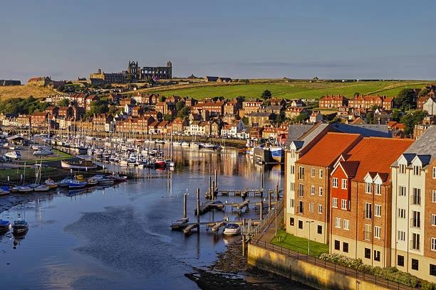 Whitby town and Esk river stock photo