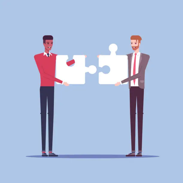 Vector illustration of Two businessmen characters connect piece of jigsaw puzzle flat illustration. Two men in formal wear collects pieces of puzzle together. Business concept cooperation and integration
