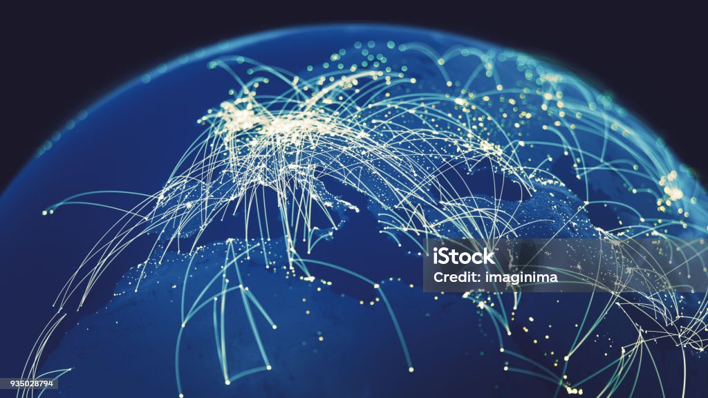 全球連接 (世界地圖紋理學分美國宇航局) - 免版稅聯繫圖庫照片