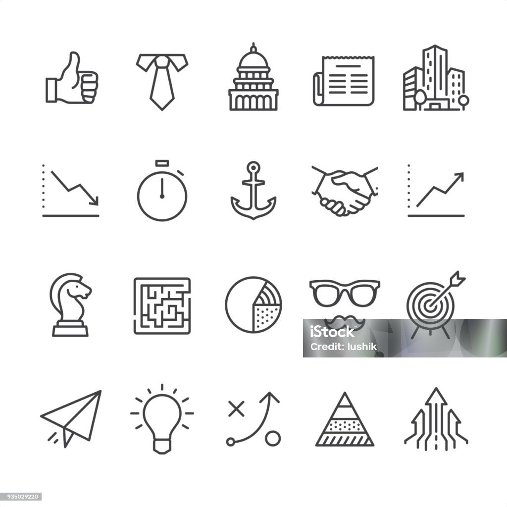 Business - outline style icons 20 Business icons / Set #43
Designed in 64x64 px grid, outline stroke 2 px.

First row of icons contains:
Thumbs Up, Necktie and White collar, Capitol Building - Washington DC, Newspaper, Financial Building;

Second row contains:
Graph Down, Stopwatch, Anchor, Handshake icon, Graph Up;

Third row contains:
Chess Knight, Maze icon, Pie Chart, Eyeglasses and Mustache, Sports Target; 

Fourth row contains:
Paper Airplane, Light bulb (Idea icon), Strategy, Maslow Pyramid, Growing Arrows.

Complete Unico PRO collection - https://www.istockphoto.com/collaboration/boards/dB-NuEl7GUGbQYmVq9IlDg Anchor - Vessel Part stock vector