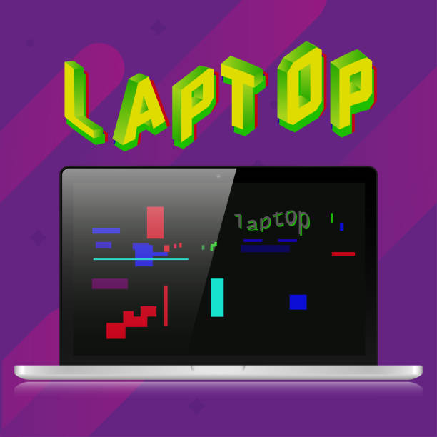 istock Gray realistic laptop on a purple background. 3d letters of the glitch effect. Old retro screen 935031504